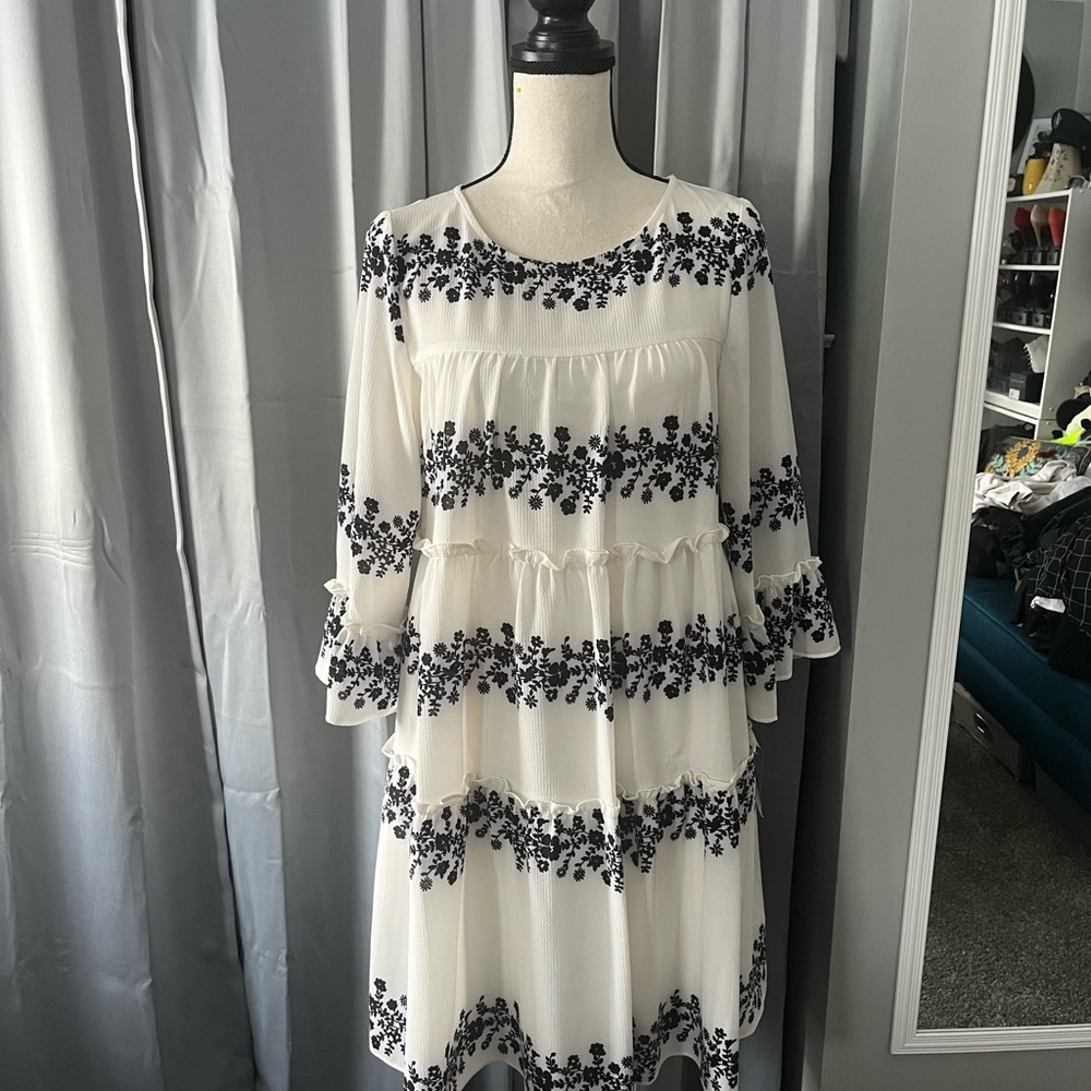 Danny & Nicole White Dress with Black Floral Accents